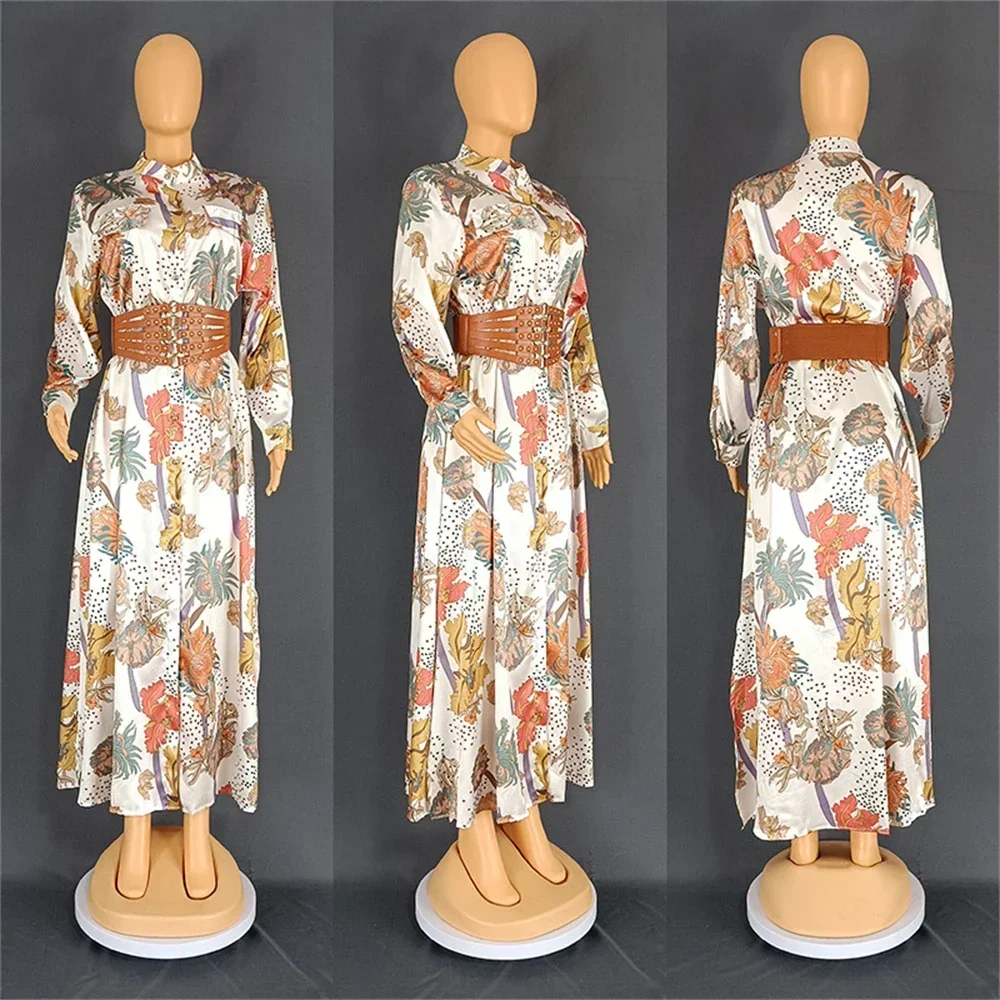 

Африканский халат Boubou Abaya для атласных женщин, вечерние платья Дашики Анкара, цветочный принт, Турция, Дубай, кафтан, макси-платье с поясом, наряды