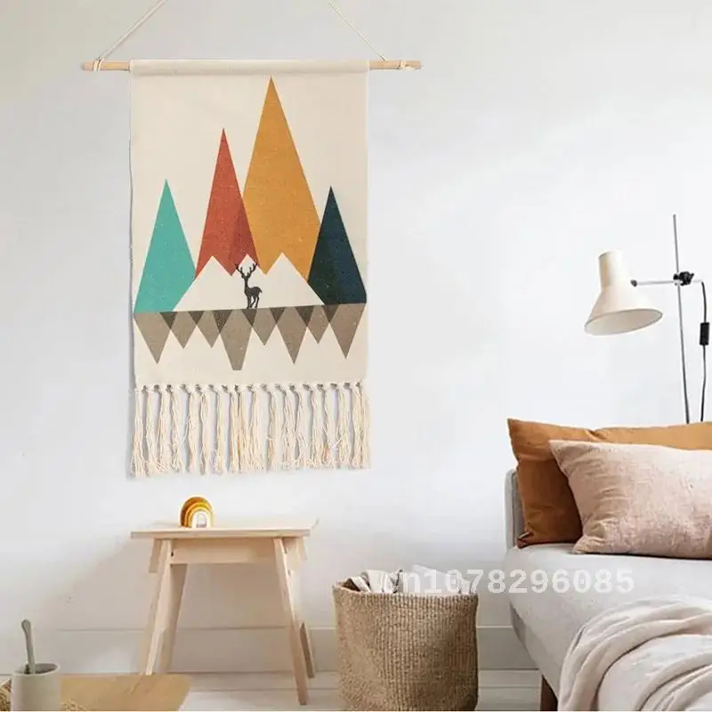 

Handmade Nordic Style Boho Decor, Cotton Tassel, Woven Wall Hanging Tapestry, Colorful Printing, Hand Knotted Wall Decoration