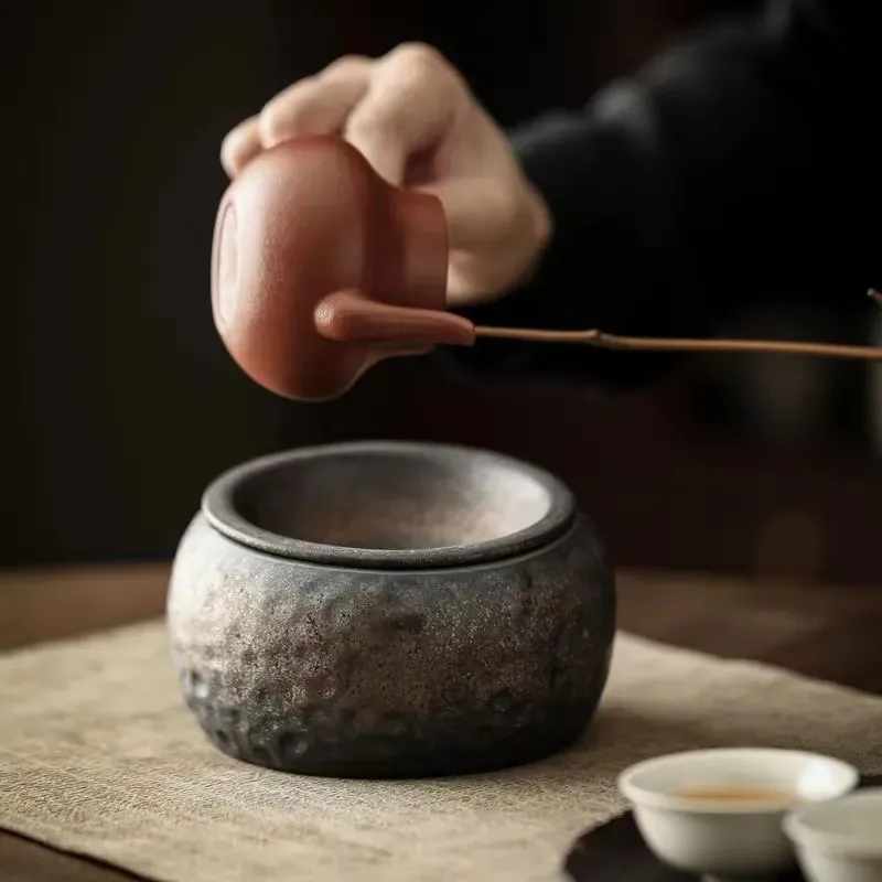 Retro Rough Pottery Japanese Style Water Tank With Lid Household Ceramic Tea Ceremony Accessories Water Bucket Water Basin ZI374