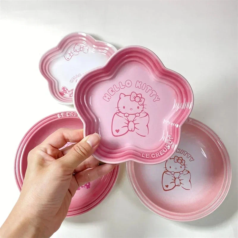 Sanrio Kawaii Hello Kitty Ceramic Vegetable Plate Cartoon Cute Creative Shape Fruit Snack Plate Household Tableware Food Plates