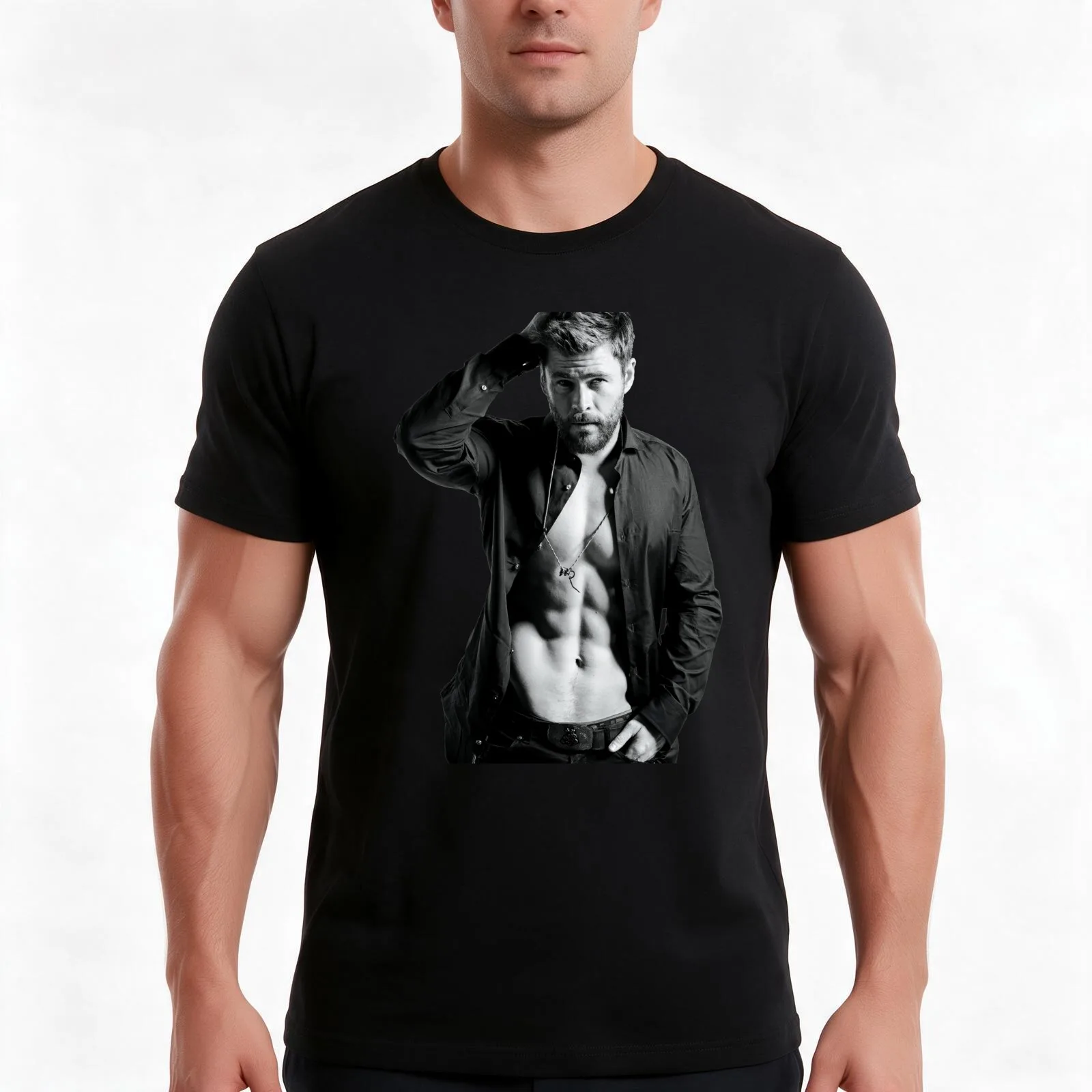 Chris Hemsworth Illustration Funart T-Shirt, Summer Casual Cotton Tee, Oversized Streetwear Tops, Vintage Graphic Print