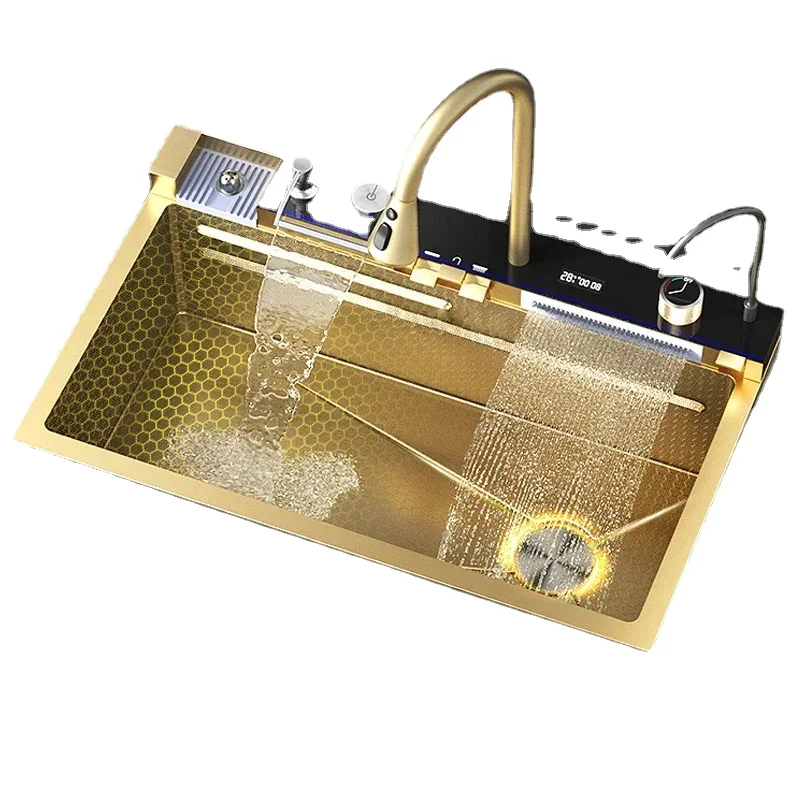 

Золотая раковина с двойным водопадом, кухонная раковина из нержавеющей стали с тиснением, большая раковина с одним слотом, умывальник, пруд для кухни