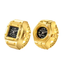 Gold Color Couple Rings Jewelry Clock Retro Quartz Watch Ring For Women Men Vintage Punk Finger Watches Mini Elastic Strap