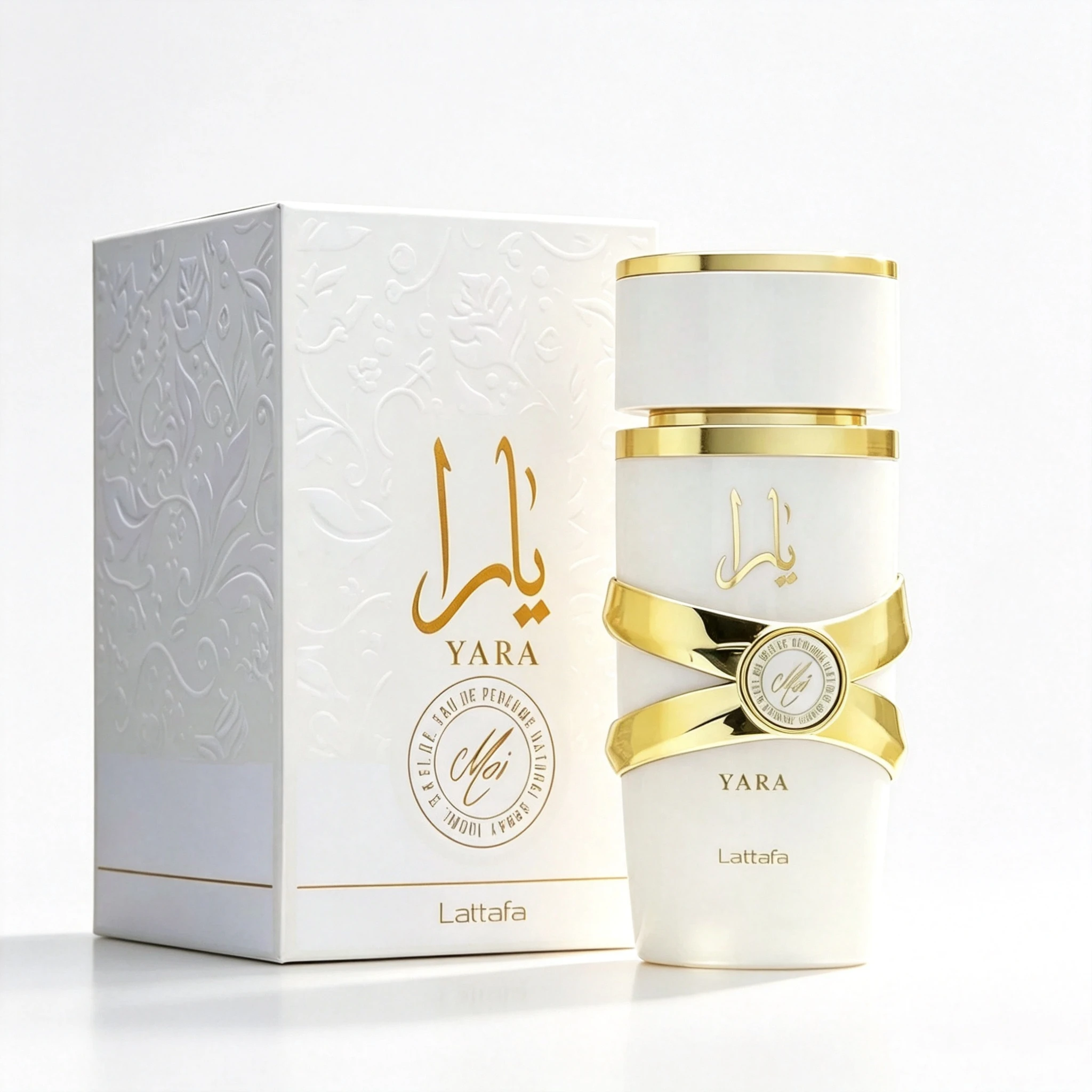 Perfume Lattafa Yara Sin Género EDP 100ml - Nota: Aroma Floral y Frutal Gourmet, Diseño Lujoso en Oro Blanco, Caja de Regalo con Patrón Blanco en Relieve, la Botella Está Decorada con Anillos Metálicos Cruzados Dorados, Exquisito y Delicado