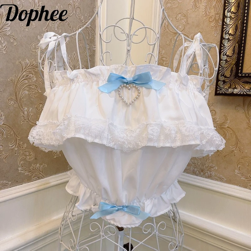 

Dophee Original Spicy Girl Love Pearl Bow Camisole Hollow Out Lace Patchwork Exposing Navel Crop Tanks Top Lolita Princess Camis