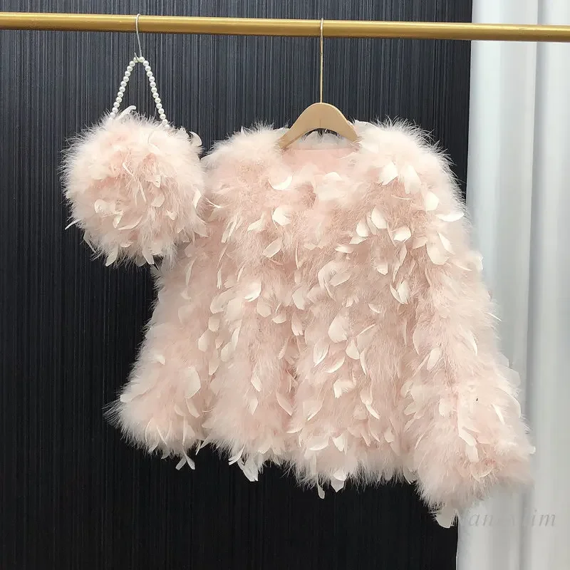 Feather Coat Women Round Neck Sweet Solid Color Winter Short Ostrich Feather Real Fur Cotton Coats Warm Birthday Party Wear