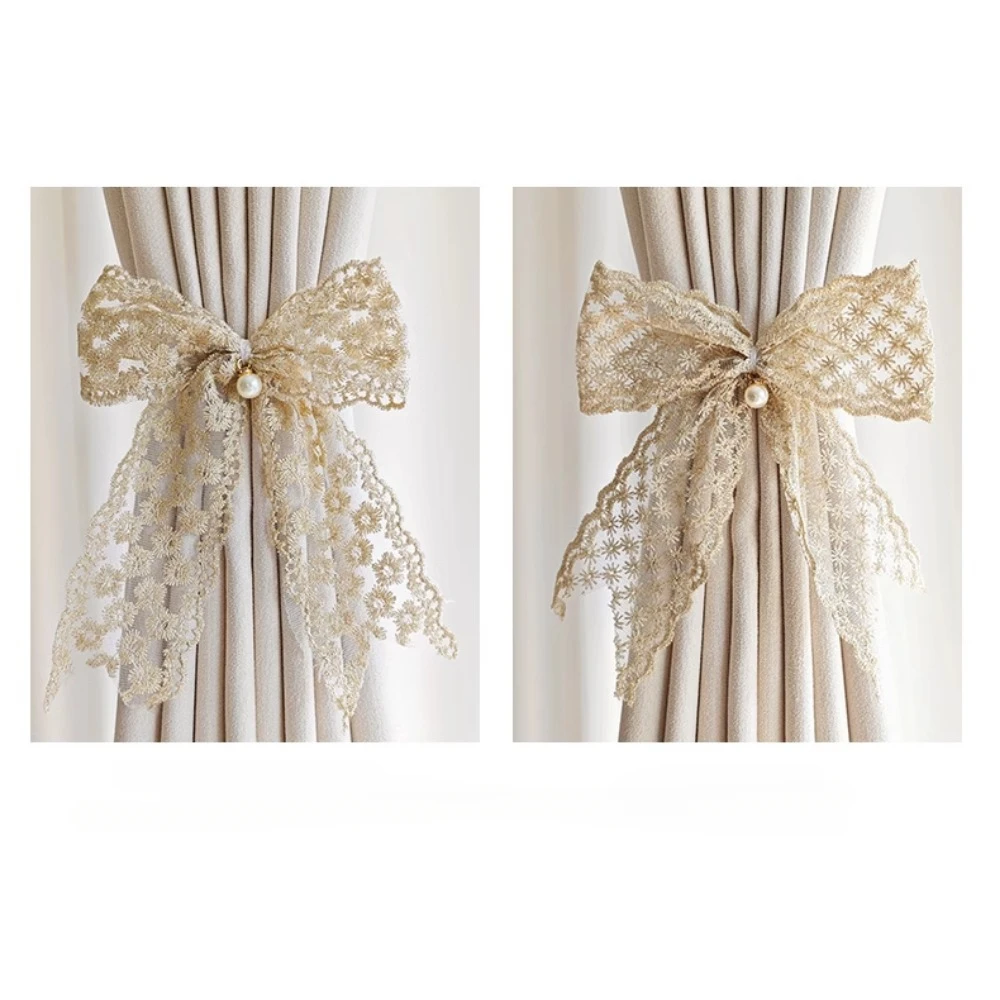 

1 Pair Curtain Tieback Light White Lace Pearl Bow Tieback for Curtain Bandages Living Room Window Home Decoration Ribbon Buckles