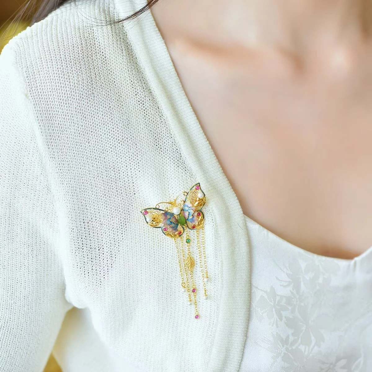 Certificated 925 Silver Natural Hetian Jade Butterfly Pendant Brooch With Pearl Ruby Accent Tassel Chain Dual‑Use Fine Jewelry