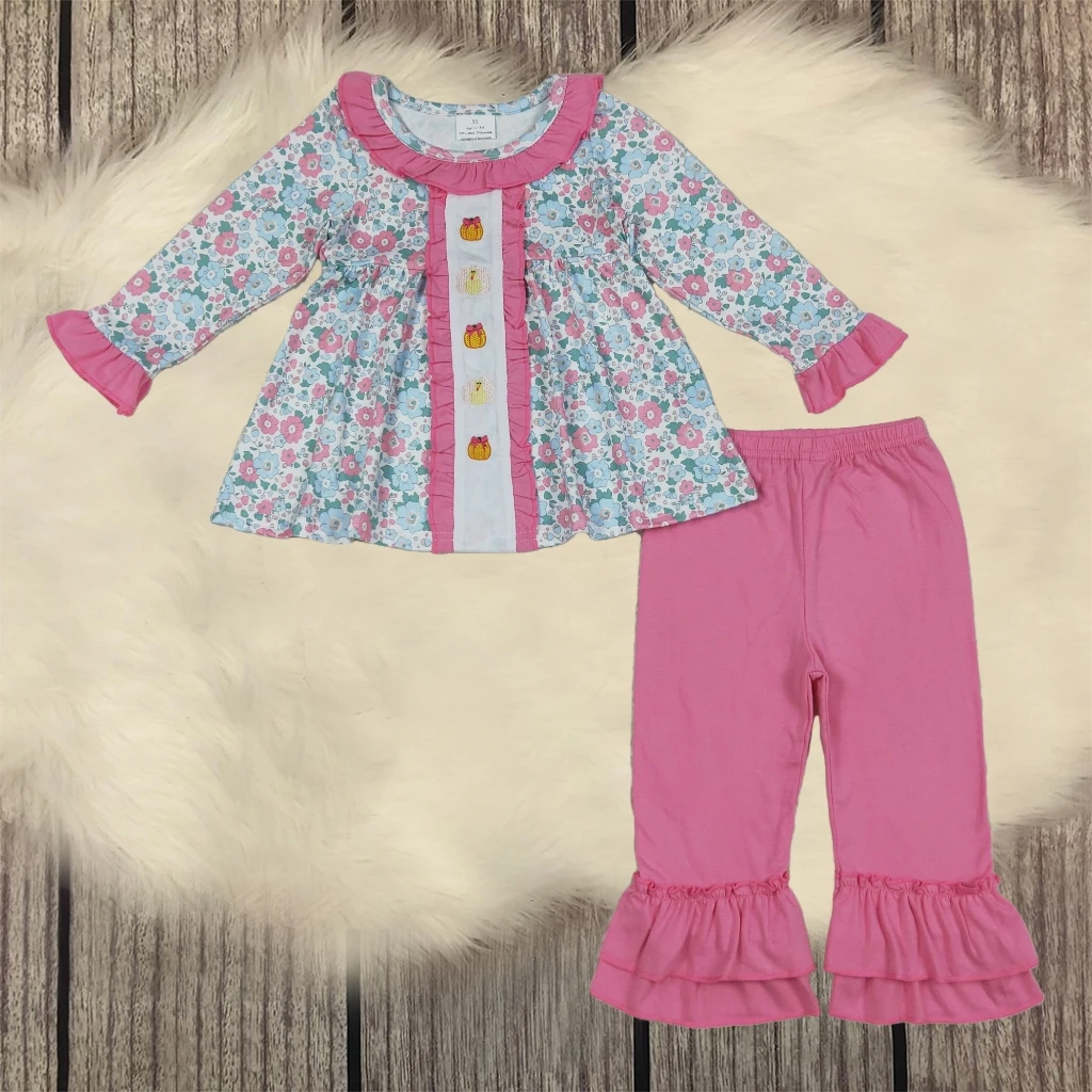 

Toddler Outfit Set Baby Girl Casual Long Sleeves Embroidery Turkey Pumpkin Bows Floral Tunic Pants Fashion Children Kids Clothes
