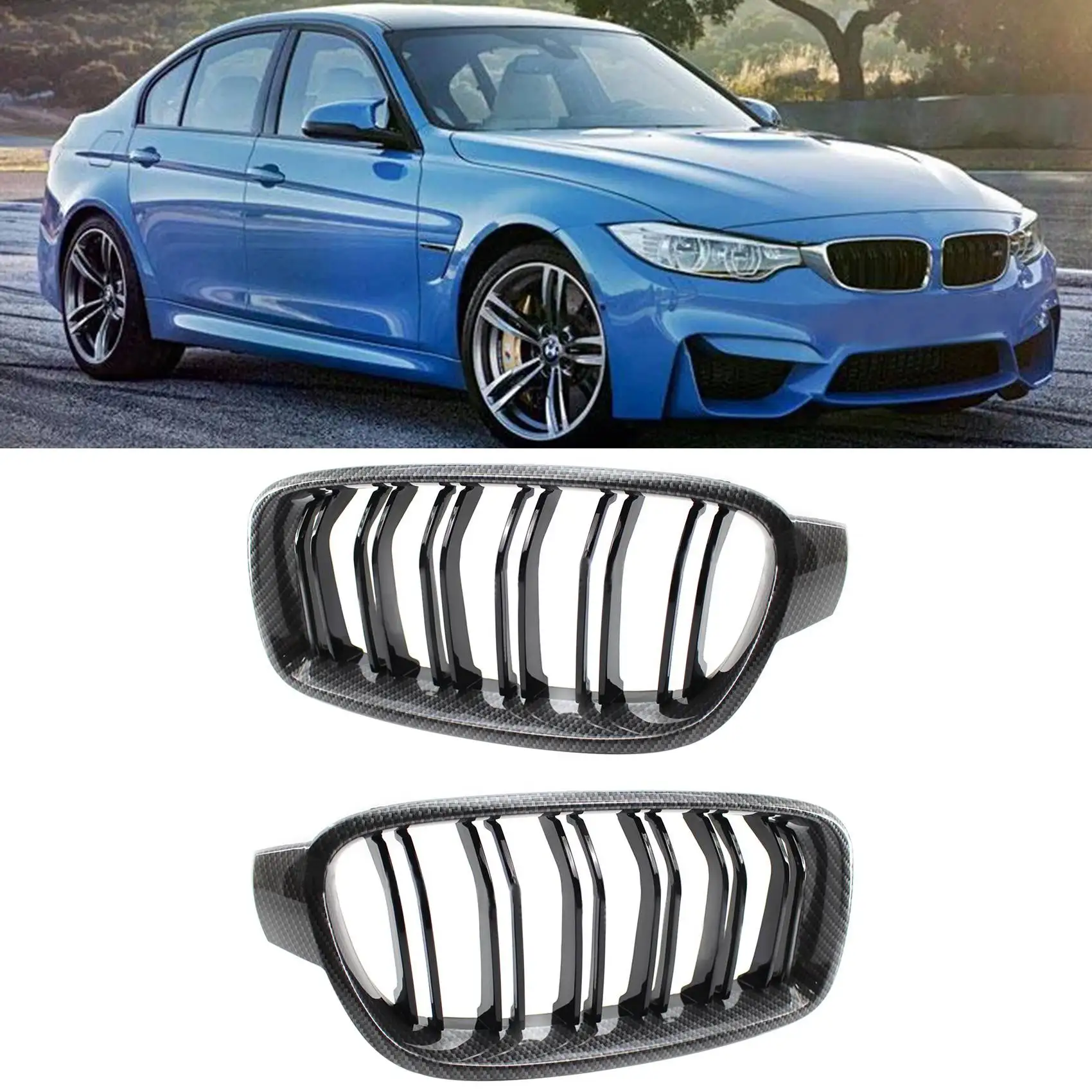 Car Carbon Fiber Double Line Front Hood Kidney Grill for -BMW 3 Series F30 2013-2019 51130054493