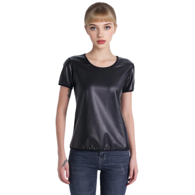 نمط جديد المرأة دراجة نارية فو الجلود قصيرة الأكمام المجهزة تي شيرت أعلى محدد شكل الجسم مدرب خصر سليم التي شيرت أزياء ملابس داخلية