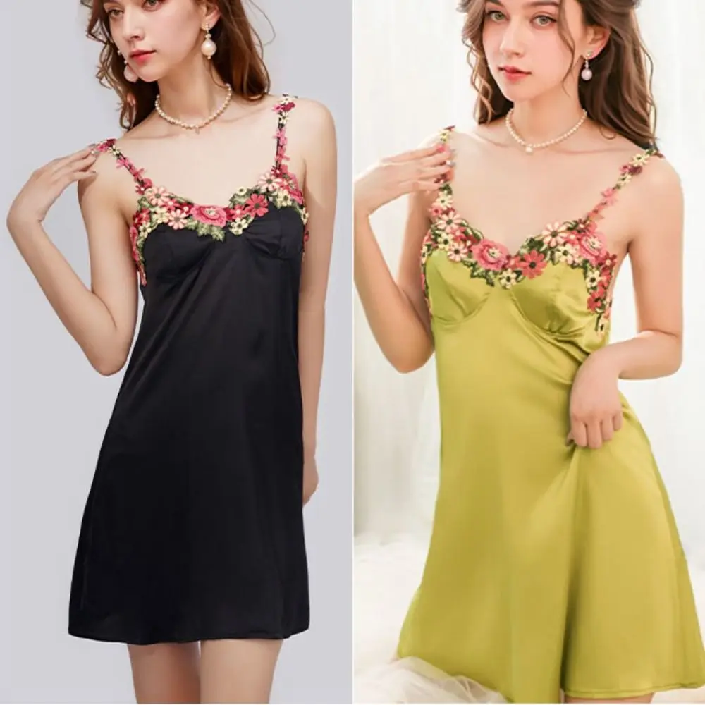 Flower Embroidery Women's Pajama Dress Sleeveless Beauty Back Satin Silk Suspender Nightdress Sleepwear Thin