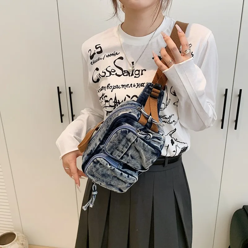 

Casual Waist Bag Women Multi pocket Anti-theft Crossbody Chest Bag Vintage Denim Handbag Big Canvas Fanny Pack Banana Bag