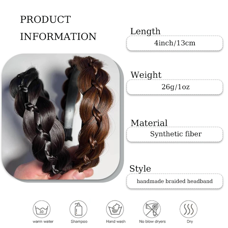 Synthetic Braided Hairband Hairpiece Handmade Retro Head Hoop Twist Headband Black Brown Hair wig for Women Girls Daily Use