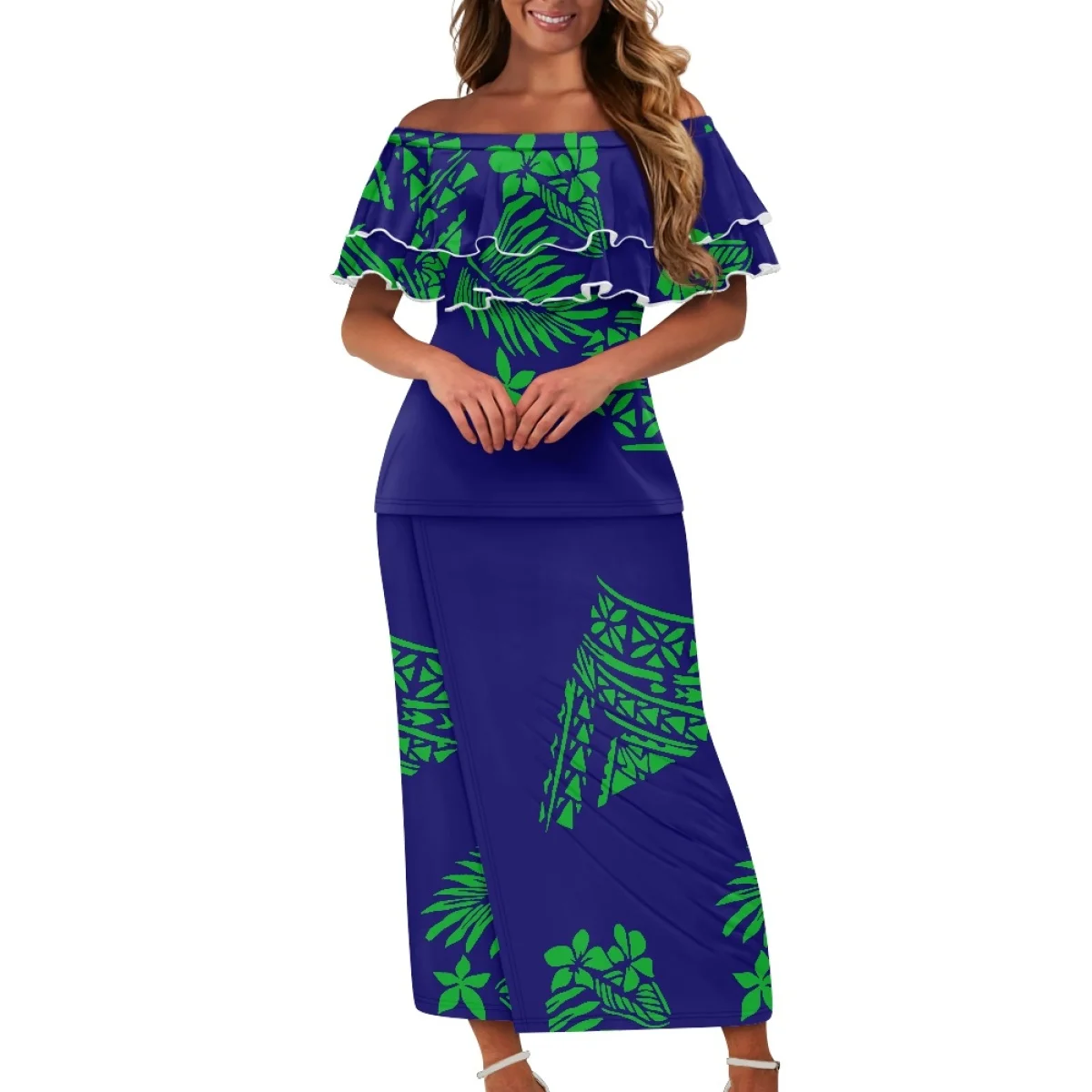 Ensemble de robe longue pour femme à manches volantées et épaules dénudées, imprimé bleu polynésien, style Puletasi Samoan, Putaha personnalisé, ensemble 2 pièces