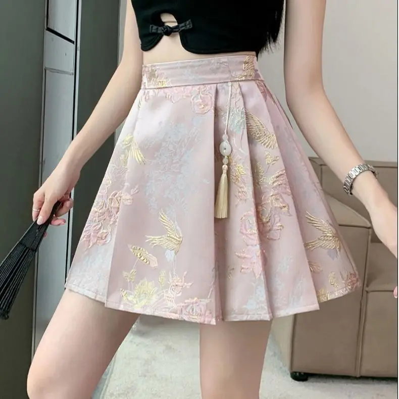 

Chinese Style Satin Jacquard Skirt 2026 New Summer Women High Waist Pleated Skirts Female Vintage Hanfu Skirt Horse-face Skirt