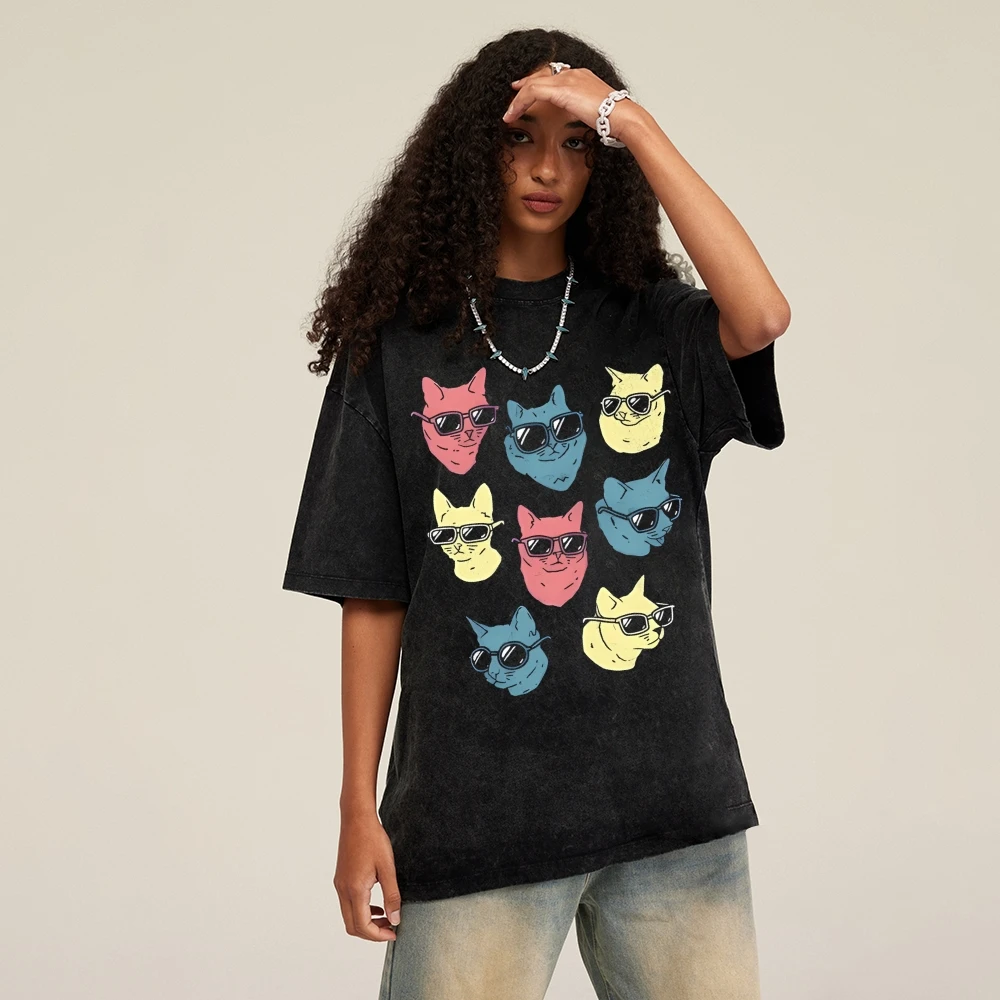 Maglietta Cool Cat Design felino colorato Estate Casual Allentato Manica corta Rilassante Top di stoffa unici alla moda per l'abbigliamento quotidiano