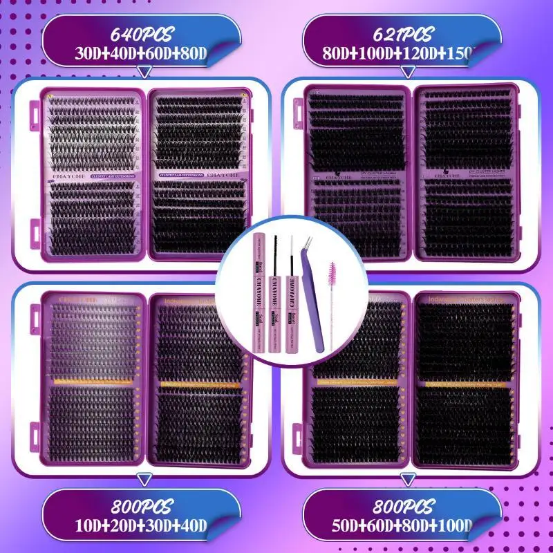Nouveau kit de cils en grappes DIY, kit d'extension de cils grande capacité courbure D avec colle et fixateur pour cils et pince à cils pour maquillage