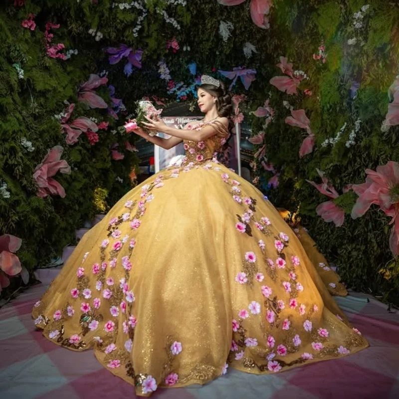 Vestido quinceanera dourado brilhante, renda, camadas de cristal, glitter, decalque, flor 3d, cauda longa, vestidos de 15 quinceanera ﻿ Personalizado