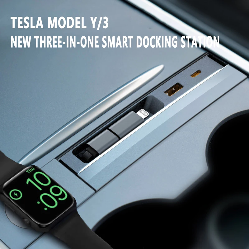 

【For Tesla Model 3 21-23 Y 21-24 】Docking Station Charging Adapter 3 in 1 Expansion Telescopic Cable Support Wireless Charging