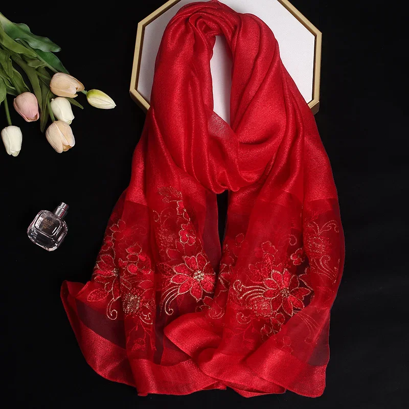 

TZTOOZ 2024 Luxury Silk Shawl Scarf for Women Design Embroidery Flowers Hijab Wraps Bufandas Female Headkerchief Fouloud Echarpe