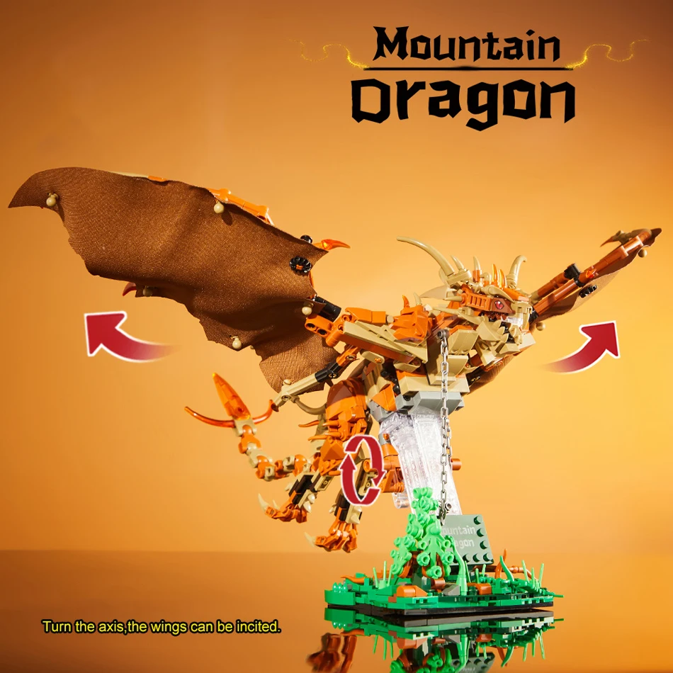Klocki konstrukcyjne MOC Średniowieczny Magiczny Zwierzak Smok Górski Latający Smok z Miękkimi Skrzydłami Zestaw do Składania Zabawka dla Dzieci i Dorosłych Prezent