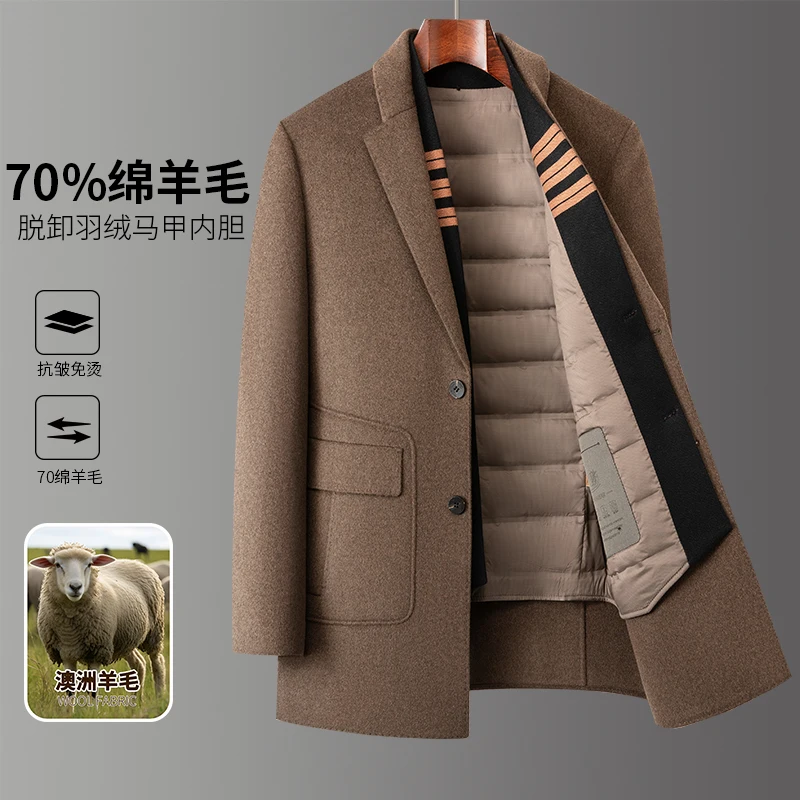 

Autumn/Winter New Men's Double sided Fleece Coat 70% Wool Quality Fabric Detachable Down Inner Tank Business Leisure Warm Coat