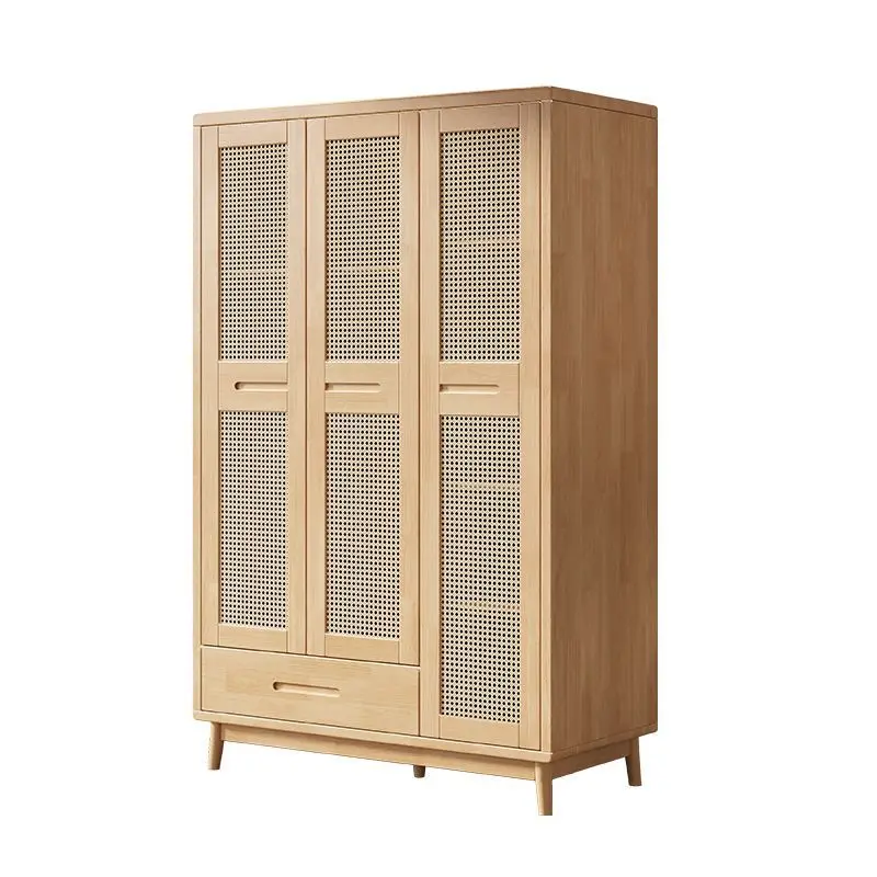 

Solid wood rattan Nordic simple cabinet, three-door wardrobe with drawers, bedroom assembled wardrobe