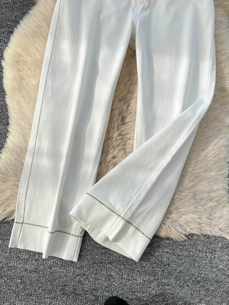 High Waist Wide Leg Straight Cut Jeans Women's Faion Korean Sle White Denim Pants Design Sensation Sewing Line Autumn New