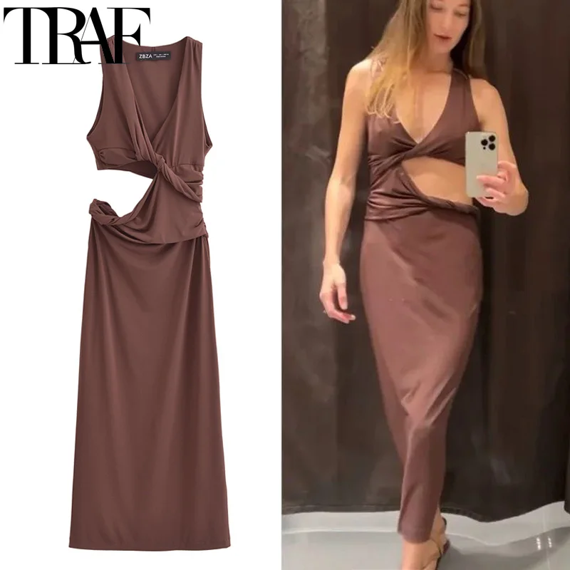 Traf Sexy Knoop Uitgesneden Jurk Vrouw Ruches Off Shoulder Lange Jurken Vrouwen Zomer Bodycon Bruine Midi Jurk Vakantie Feestjurken