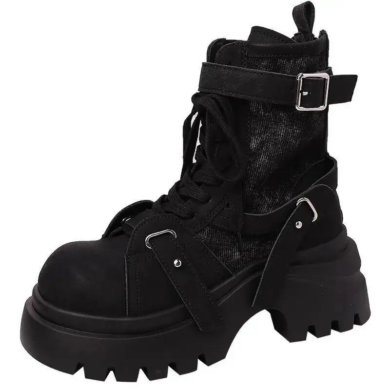 

Ankle Boots Women's Versatile Lace Up Ankle Boots 2025 Autumn Winter New Patchwork Fabric Thick Soled Platform Short Biker Boots