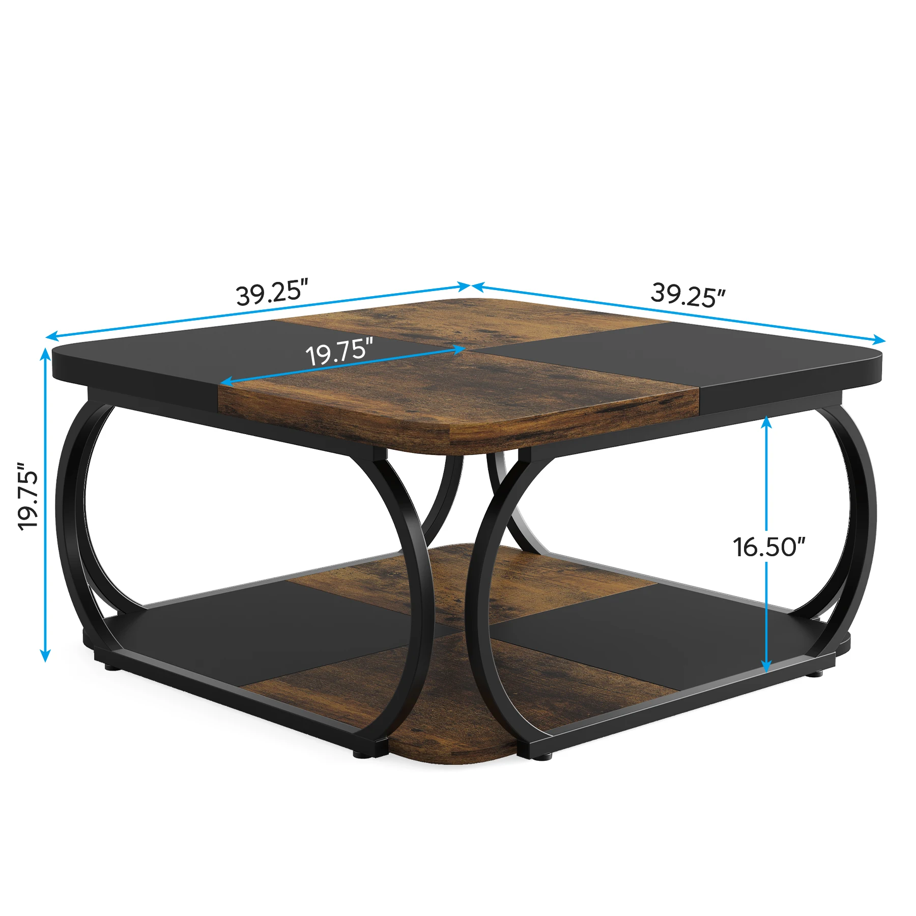 Tribesigns Square Coffee Table with 2 Tiers, 40 inches Low Farmhouse Coffee Table with Wood Storage Shelf Heavy Duty Metal Curve