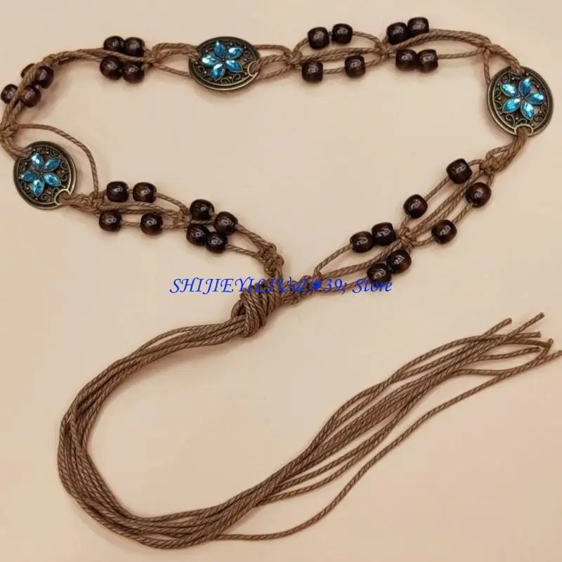 

E21F Поясной ремень-цепочка с бусинами Хлопковая веревка Плетеный пояс для повседневного платья