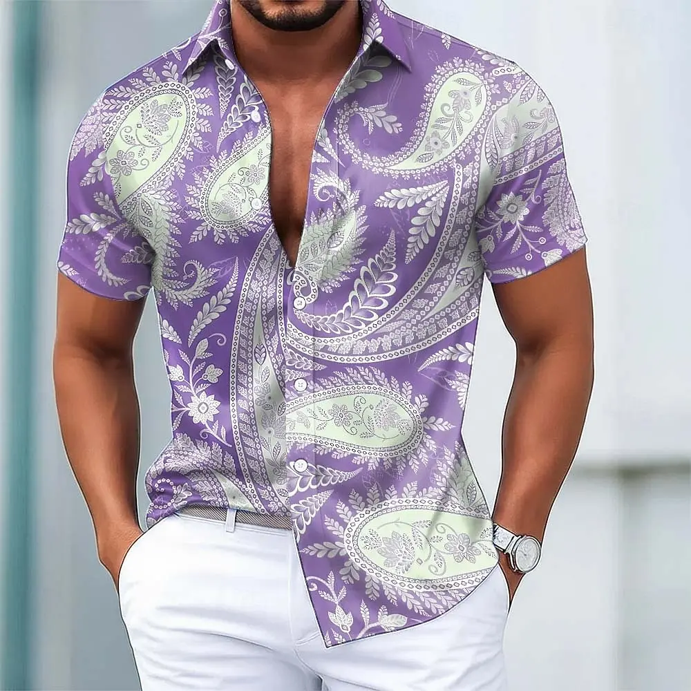 Men's Spring Summer 3D Printed Lapel Button Down Shirt, Bright Blue Base Cream Vintage Paisley Ethnic Floral Print Daily Top