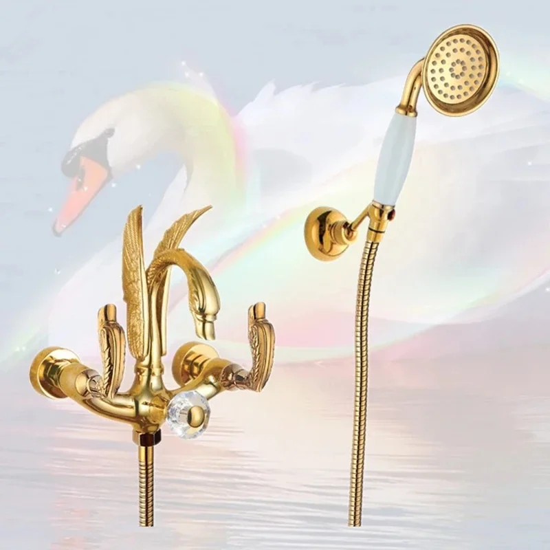 Golden Wall Bathtub Shower Faucet Set Swan Design Shower Mixer Luxury Mixer Taps Gold Plated Cold and Hot Water Shower Bathroom