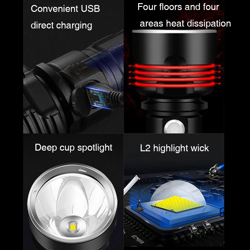 Super Powerful LED Flashlight USB Rechargeable Torch Waterproof Lamp Ultra Bright Fishing Camping LED  XLM-L2/P70 Flashlight