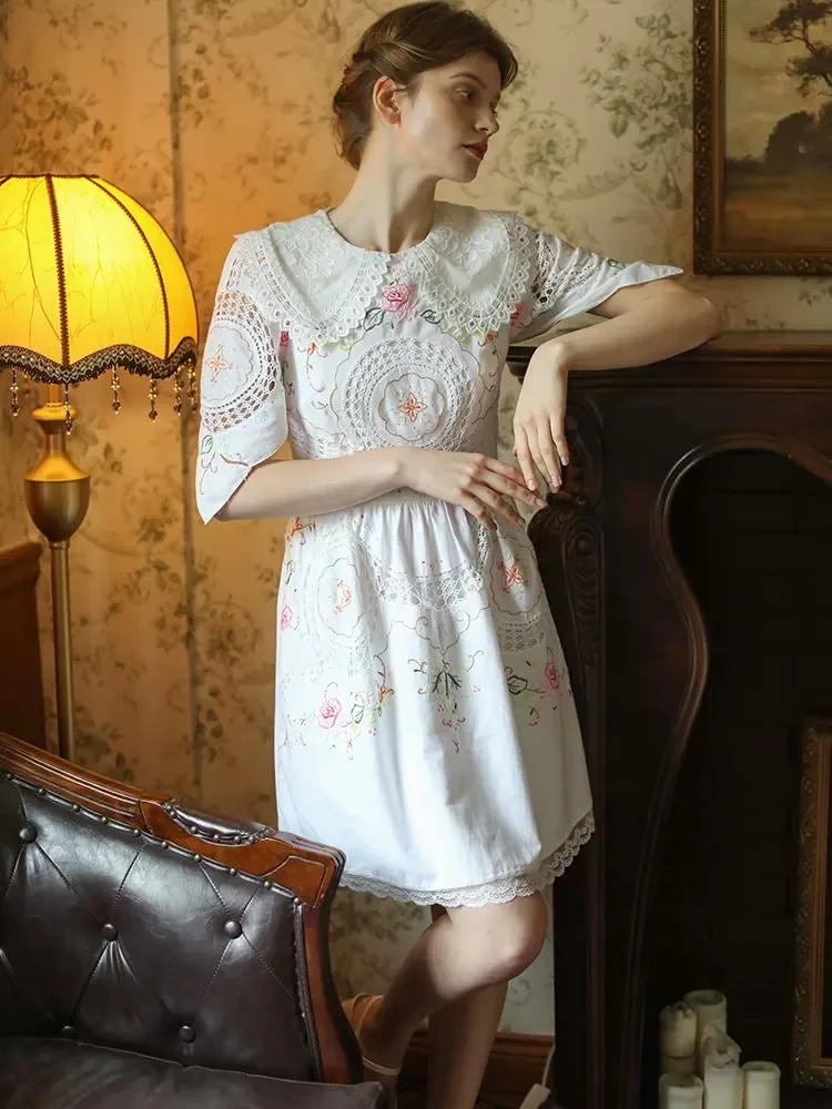 86-96cm Bust Spring Summer Women French Style Vintage Handmade Exquisite Full Embroidered White Cotton Dresses