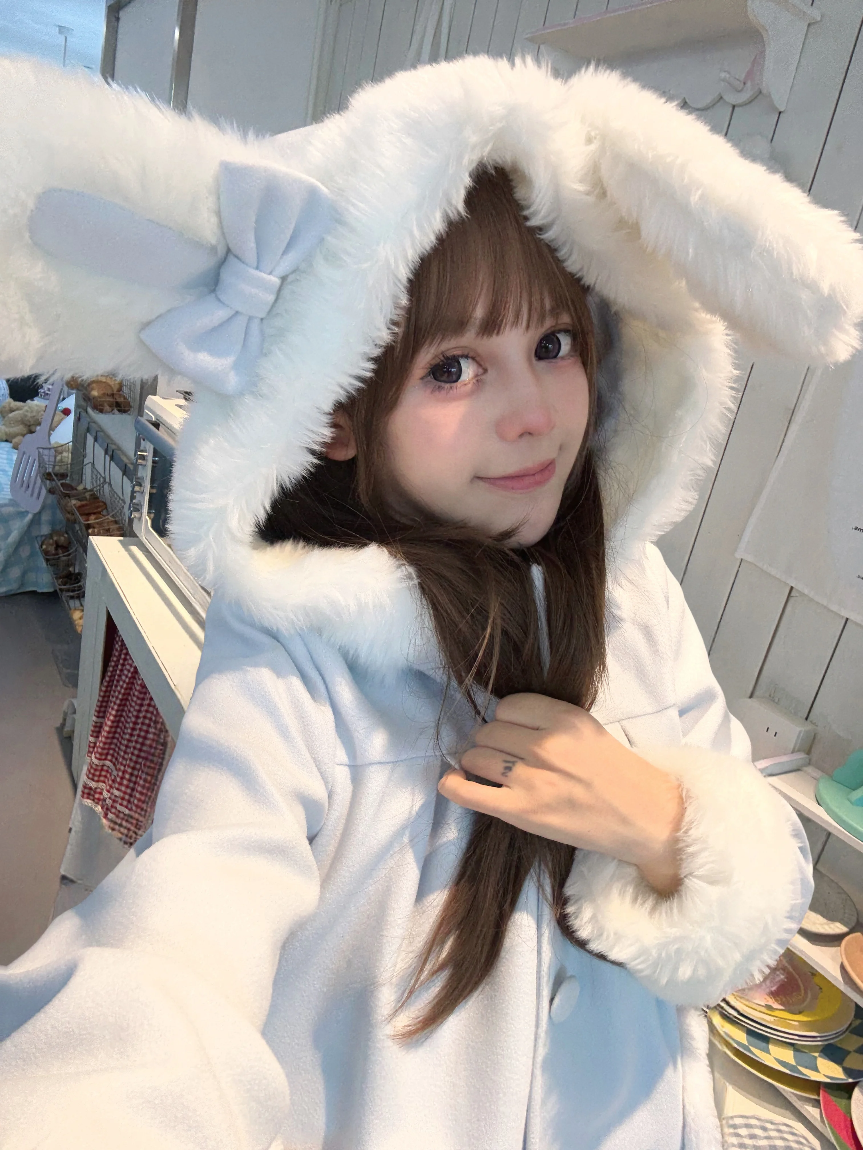 معاطف زرقاء للنساء معطف أذن أرنب صوفي ناعم على طراز لوليتا سترة متوسطة الطول معاطف وسترات للخريف والشتاء للنساء #2