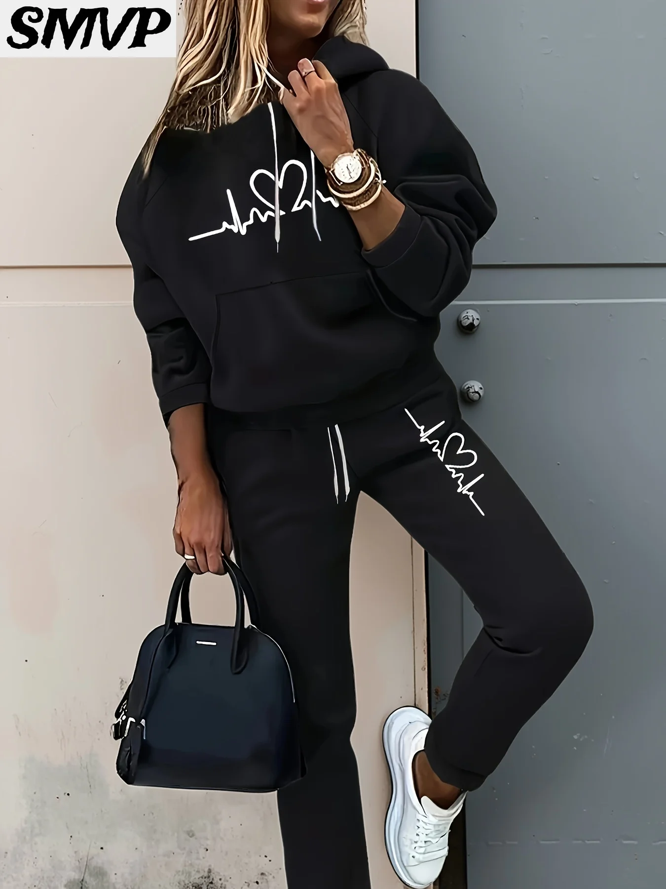 SMVP النساء الفتيات القطن هوديي مجموعة رمادي ضربات القلب خط نمط قطعتين الزي عارضة المتسكعون الأم ابنة