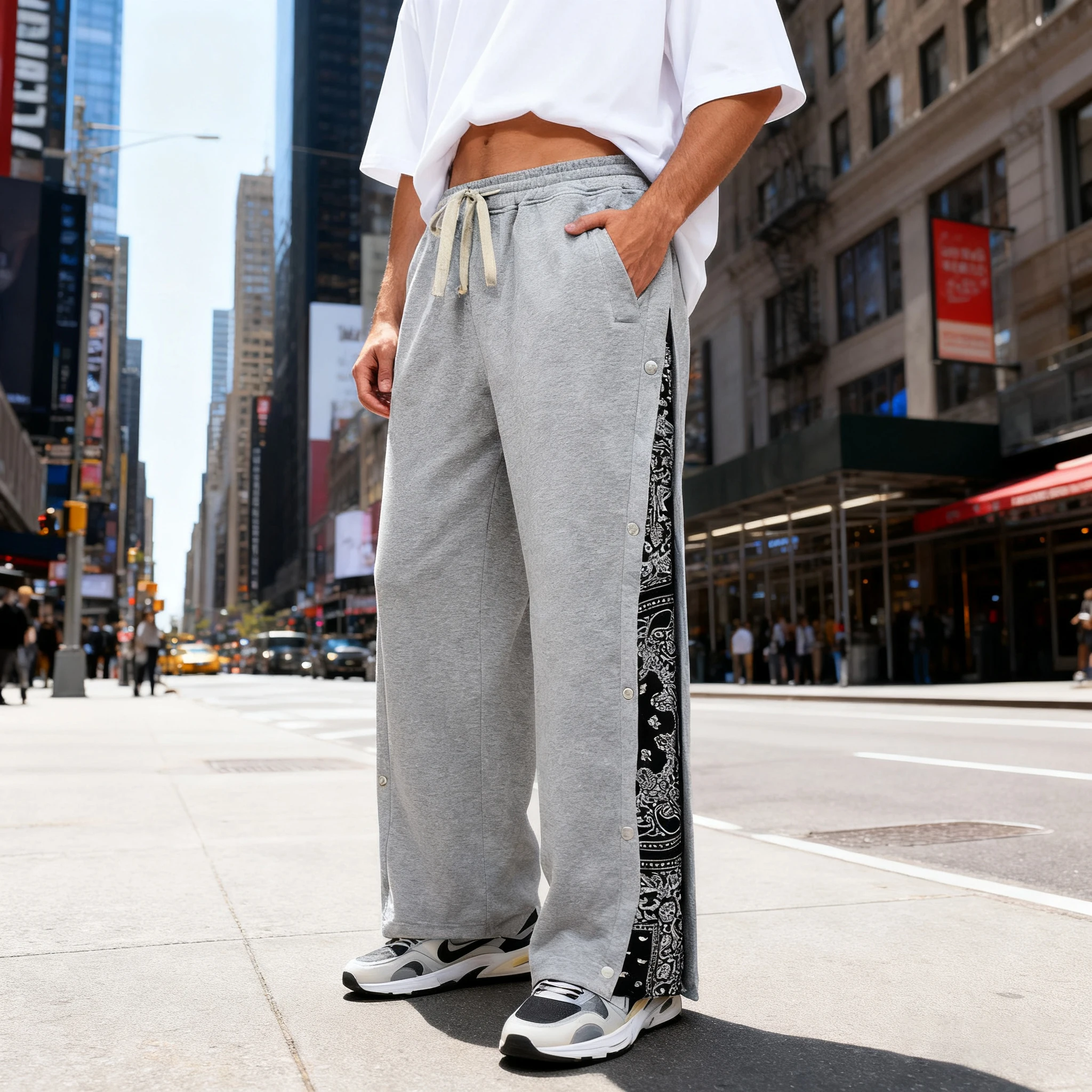 Pantaloni alla moda a gamba larga con petto laterale a fiori di anacardi High Street Style Pantaloni sportivi casual larghi oversize fino al pavimento
