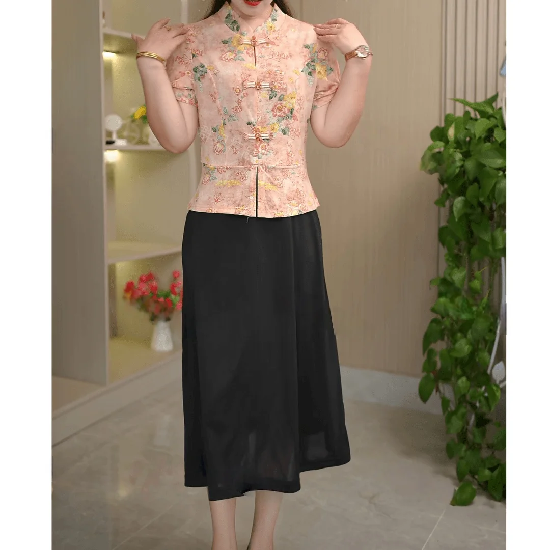 

Летнее повседневное свободное платье миди 2025 года для женщин среднего и старшего возраста, модная одежда для мам с коротким рукавом