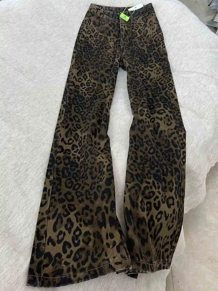 Fashion High Street Leopard Jeans Women Spring/Autumn New Versatile Loose Straight Wide Leg Pants Vintage Popular Cowgirl Pants