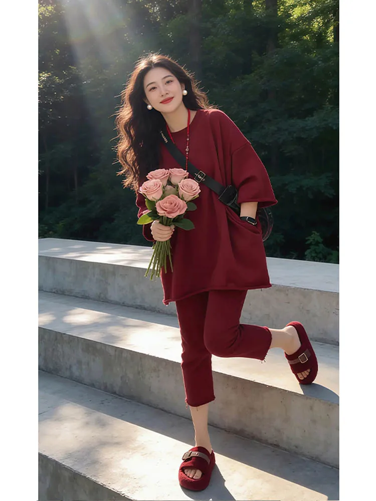 Casual Slimming Summer Set for Women Short Sleeve T-Shirt And Small Foot Pants Two-Piece Suit Breathable Comfortable Fashionable