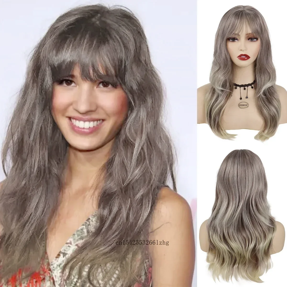 

GNIMEGIL Синтетический женский длинный парик Коричневый смешанный парик из светлых волос с челкой Парик с объемной волной Повседневный косплей Костюм Хэллоуин Вечеринка