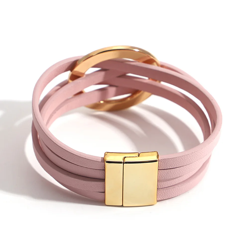 ALLYES Fashion Gold Color Circle Cross Bracelet for Women 2025 Simple Multilayer Wrap Leather Bracelets & Bangles Party Jewelry