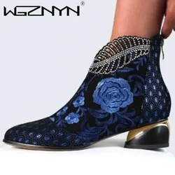 2024 Woman Ankle Boots Vintage Floral Embroidery Women's Shoes Leather Boots Bohemia Zipper Spring Autumn Ladies Botas De Mujer