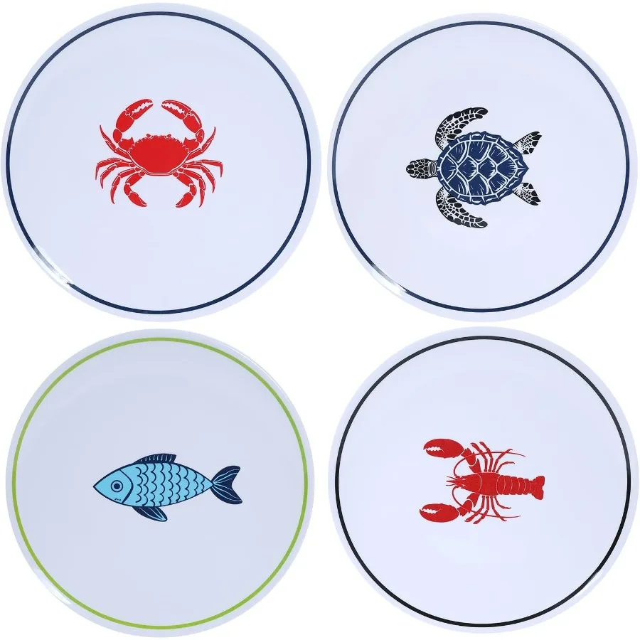 

10-дюймовые меламиновые тарелки, набор из 4 столовых посуды OceanThemed с рисунками черепахи, краба, лобстера, рыбы для внутреннего и наружного столовой Dur