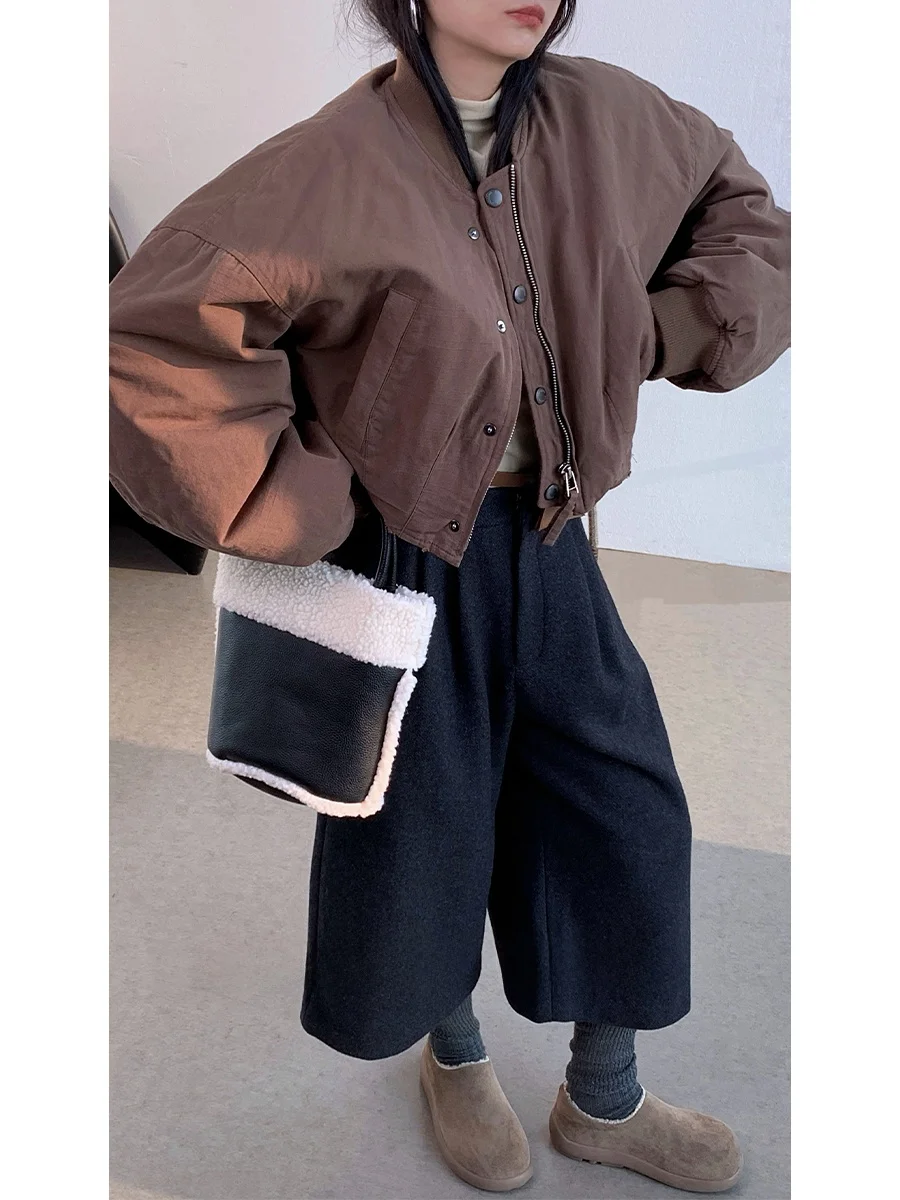 

Retro Korean Sle Women's Cotton Work Jaet Loose Fit Casual Baseball irt No Collar Winter Outerwear Thiened Cotton