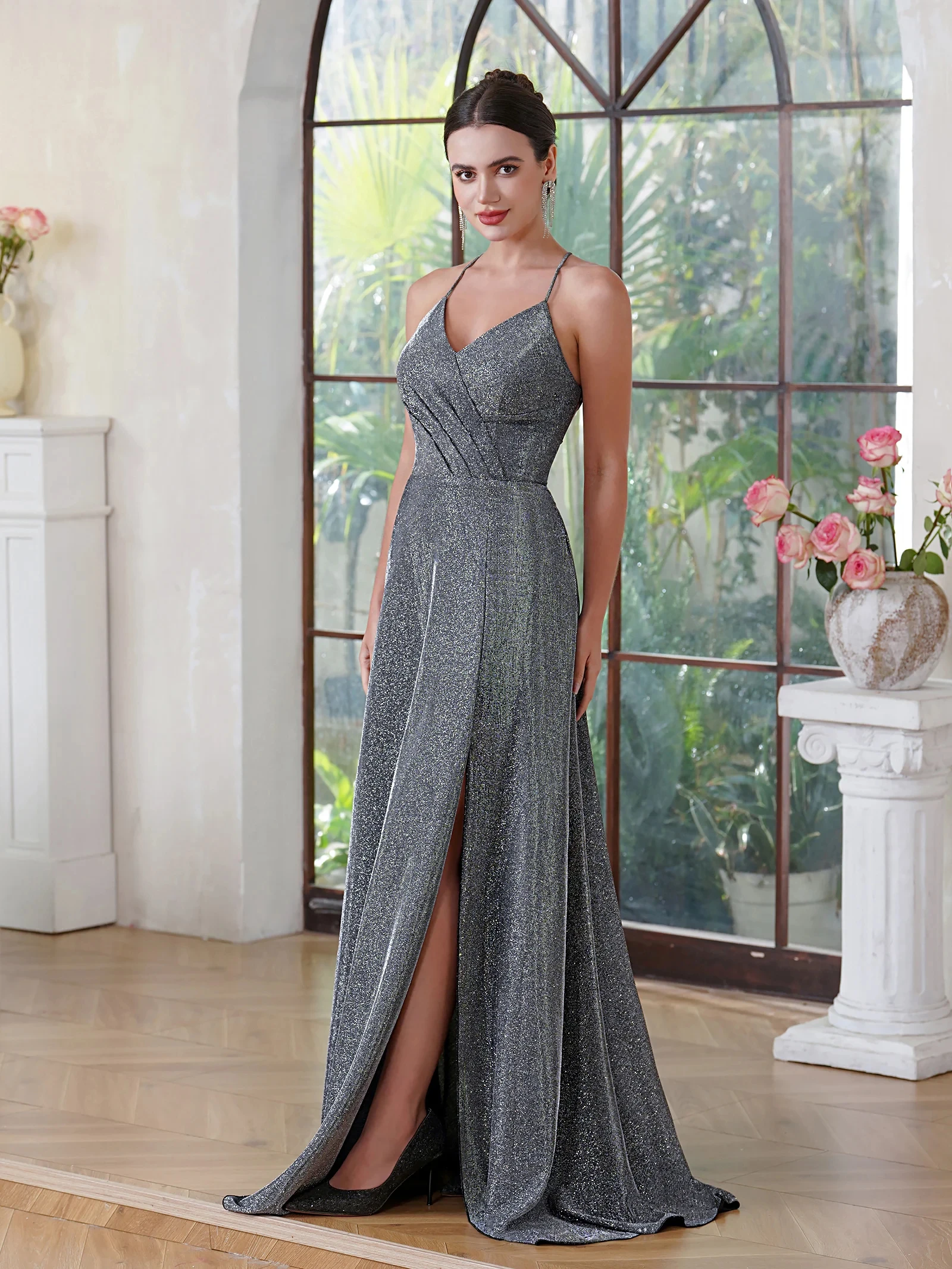 A-line Backless Slit Floor-length Prom Dresses For Women Party Spaghett Straps  Sexy Long Evening Formal Occasion Dresses