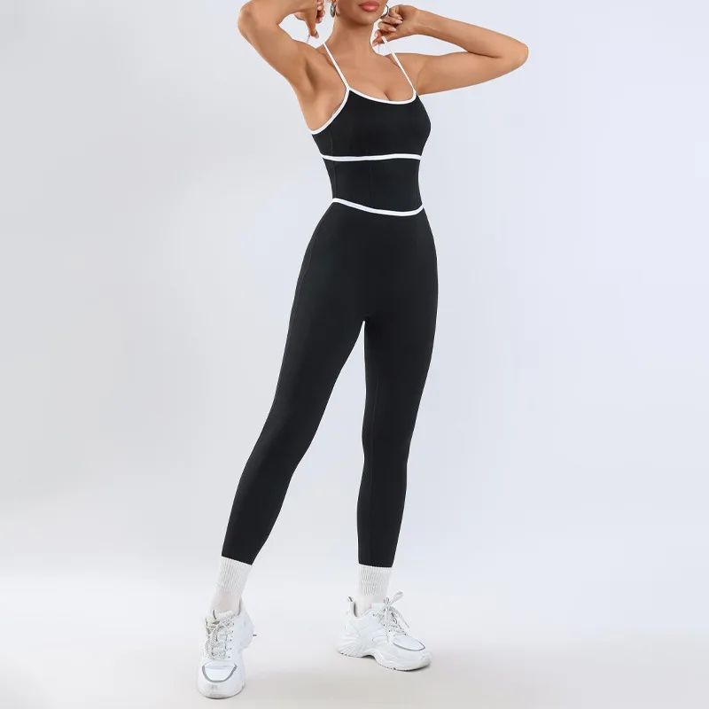 Women contrast color Yoga Jumpsuit cross Open Back Adjustable Straps High Waist Butt Lifting One Piece Fitness Workout Bodysuit